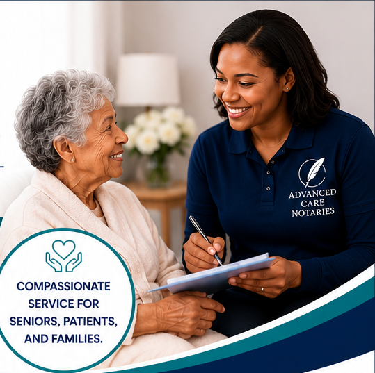 Illustration of a notary assisting a senior with documents